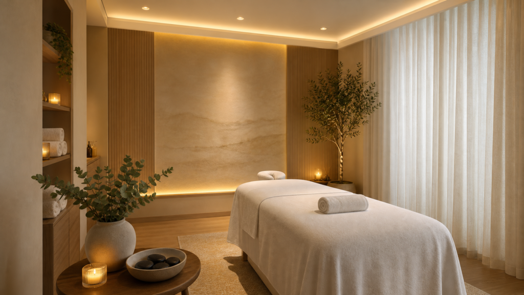 Calm day spa treatment room with warm lighting and white linens