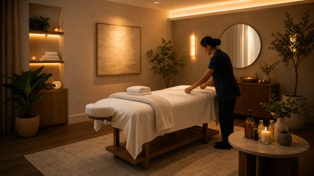 Calm massage treatment room with warm lighting, prepared table, and folded linens in a wellness studio