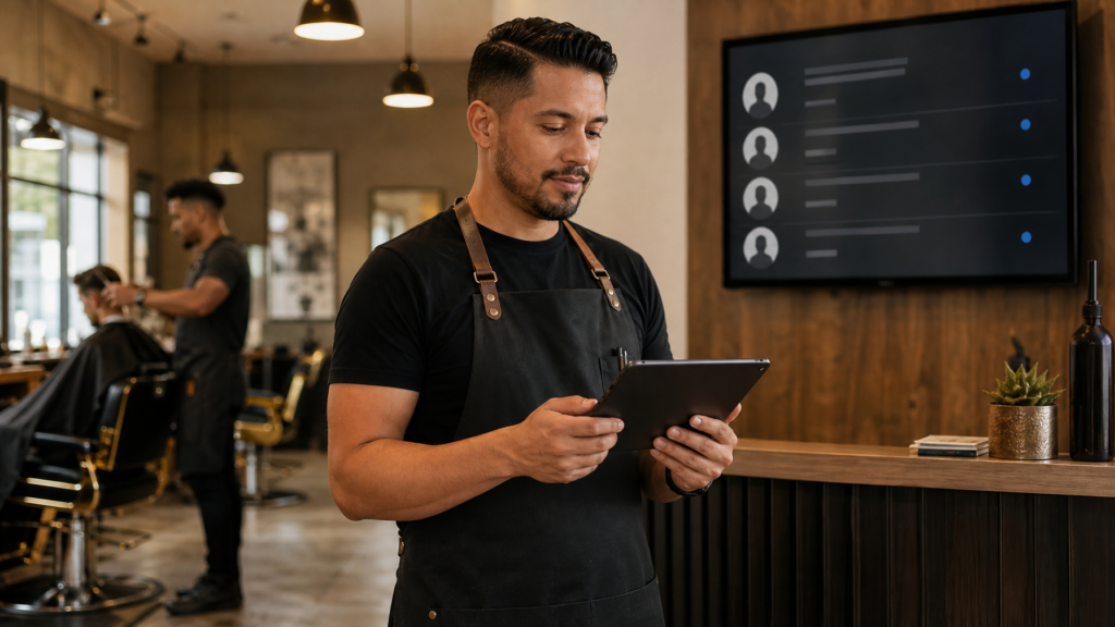 Barbershop owner reviewing a digital walk-in queue on a tablet in a modern shop