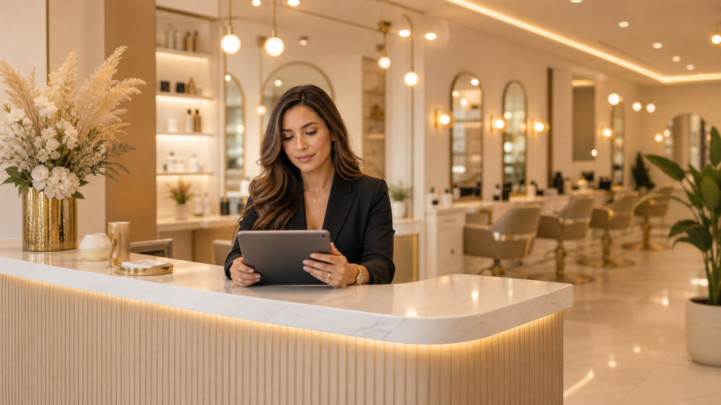 Beauty business owner reviewing management software on a tablet at a modern salon reception counter