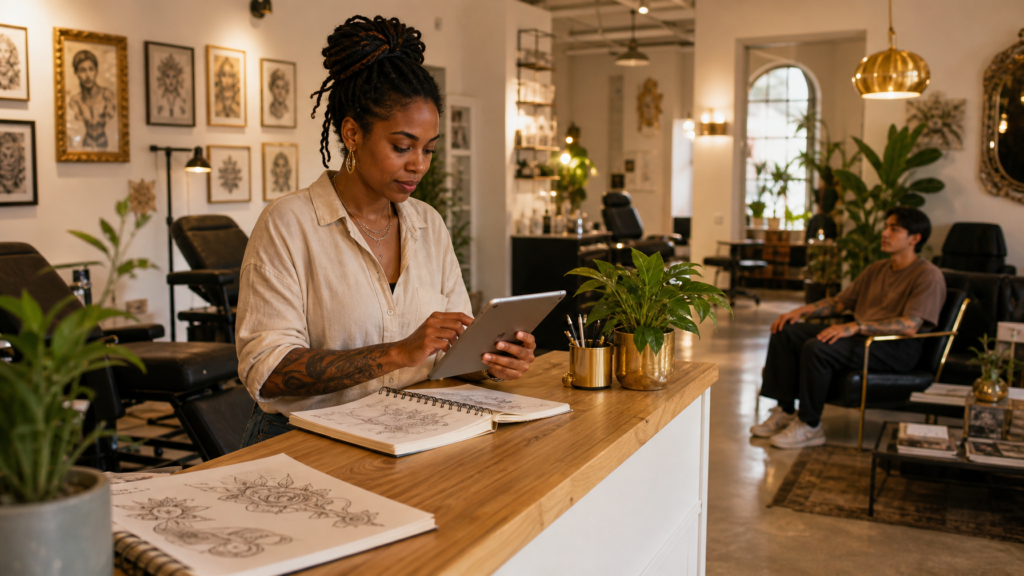 Tattoo studio artist reviewing the appointment book at a warm, organized front desk