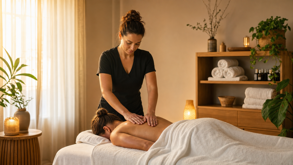 Massage therapist working with a client in a warm, professional massage studio