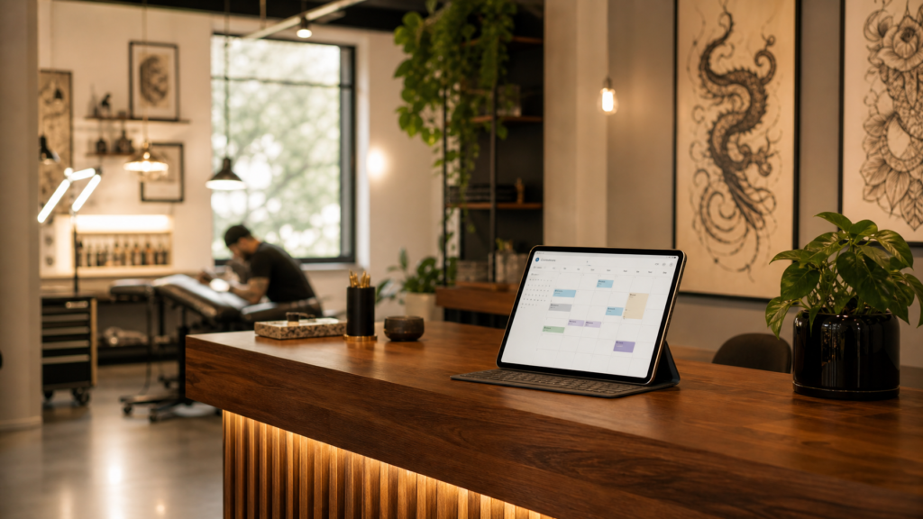 Modern tattoo studio reception with warm lighting and organized booking setup