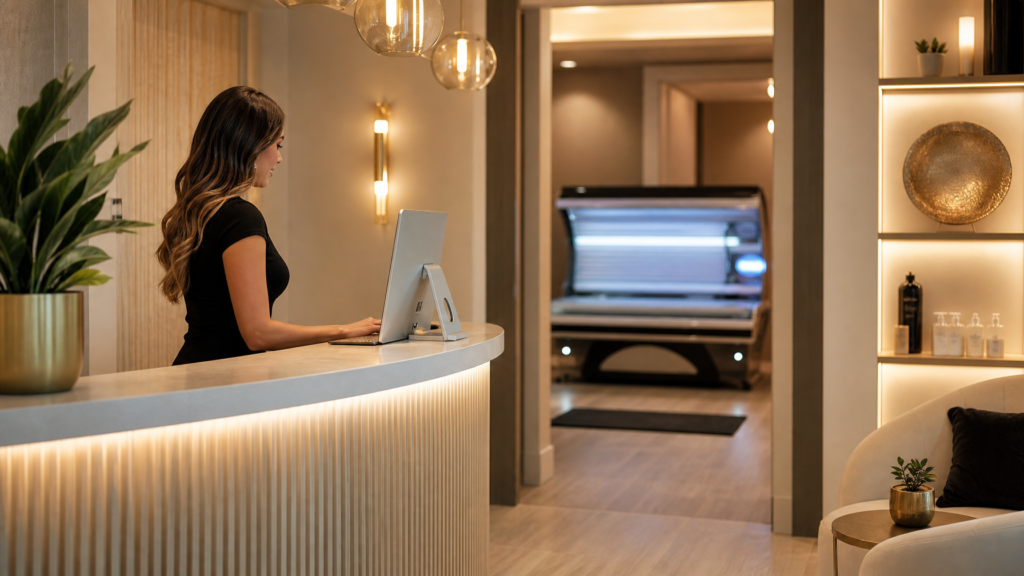 Modern tanning studio reception with warm lighting and organized front desk