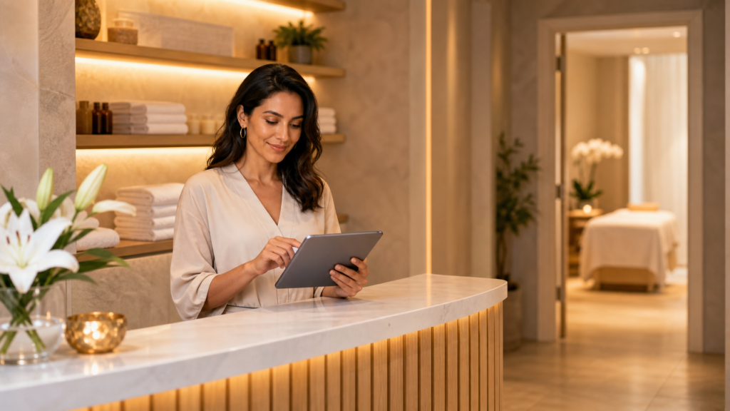 Spa owner reviewing the schedule at a calm modern day spa reception desk