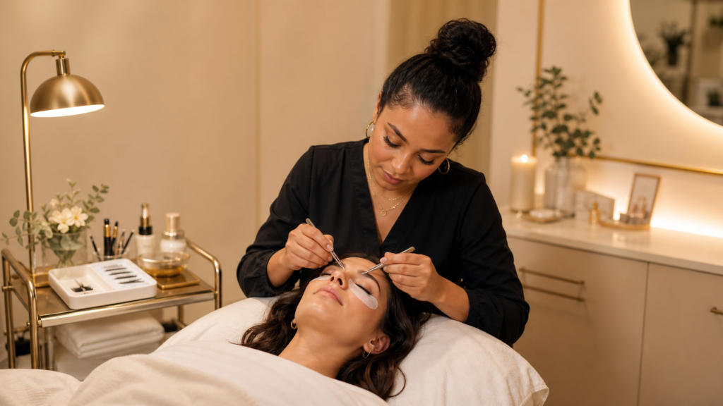 Lash technician applying eyelash extensions in a modern brow and lash studio