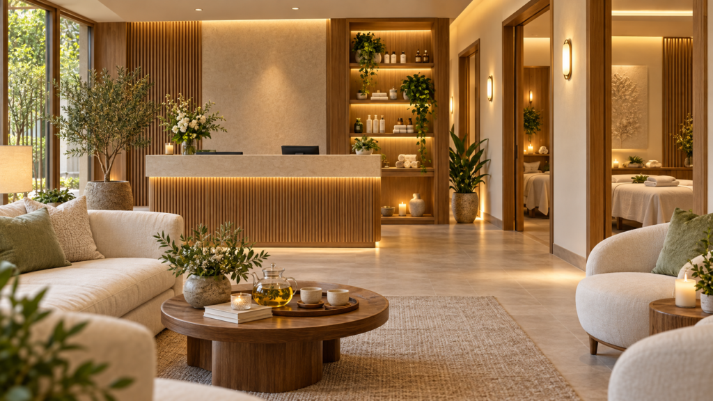 Luxurious day spa reception and treatment lounge with warm natural lighting and elegant wooden accents