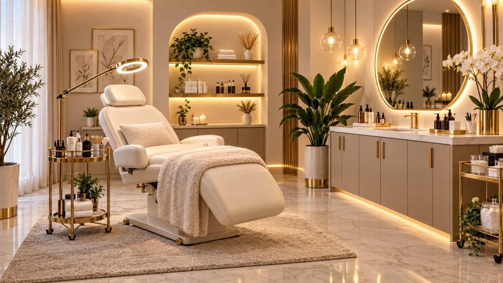 Warm modern brow and lash studio interior with plush treatment chair and elegant neutral lighting