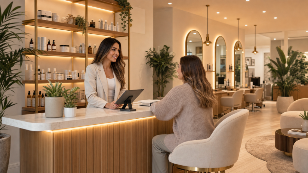 Beauty salon memberships and recurring revenue client consulting in modern beauty studio
