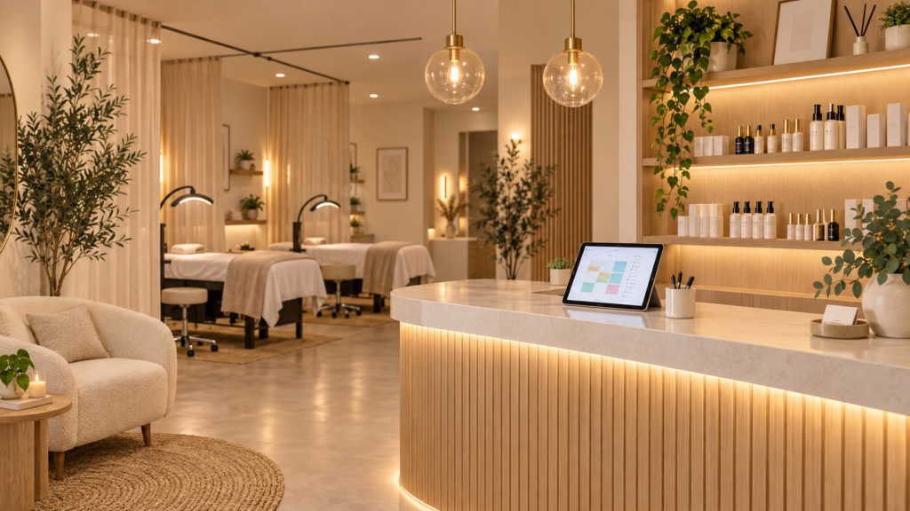 Warm modern brow and lash studio reception and checkout area with retail shelves and digital appointment system