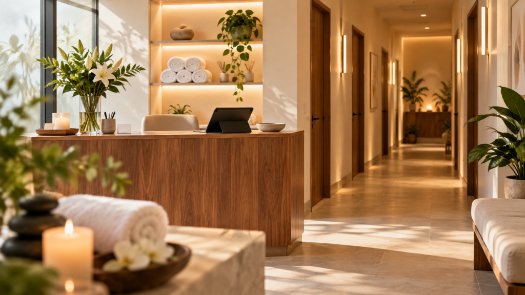 Calm modern day spa reception and treatment hallway with warm lighting
